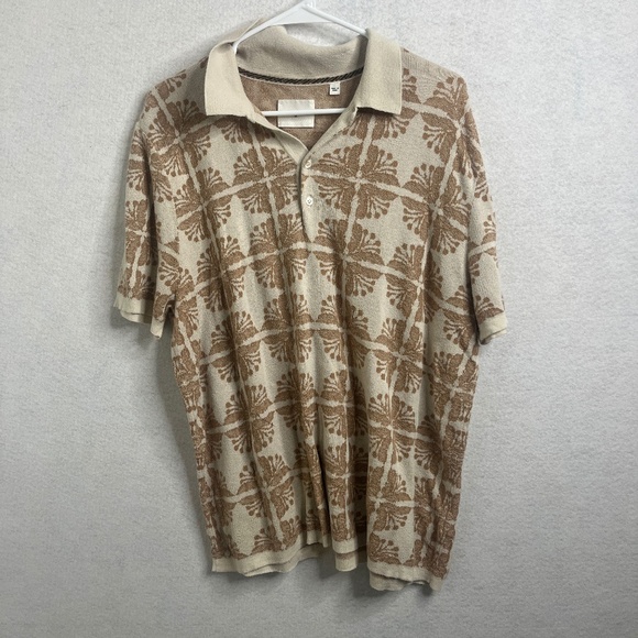 Billy Reid Other - Billy Reid Knit Polo Shirt XL Tan Cream Patterned Short Sleeve Luxury Men